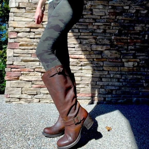 Frye Vera Slouch Grey Black Leather Block Heel Moto Knee High Tall Buckle Boot - Picture 4 of 13